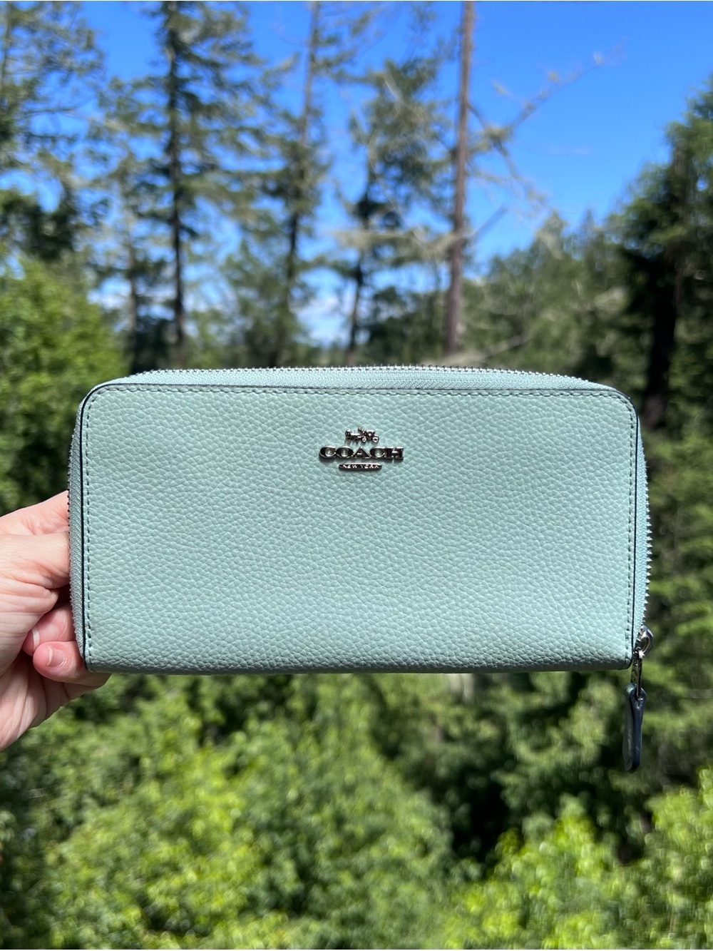 COACH Long Zip-Around Pebble Leather Wallet Sea Foam Green with Silver Hardware
